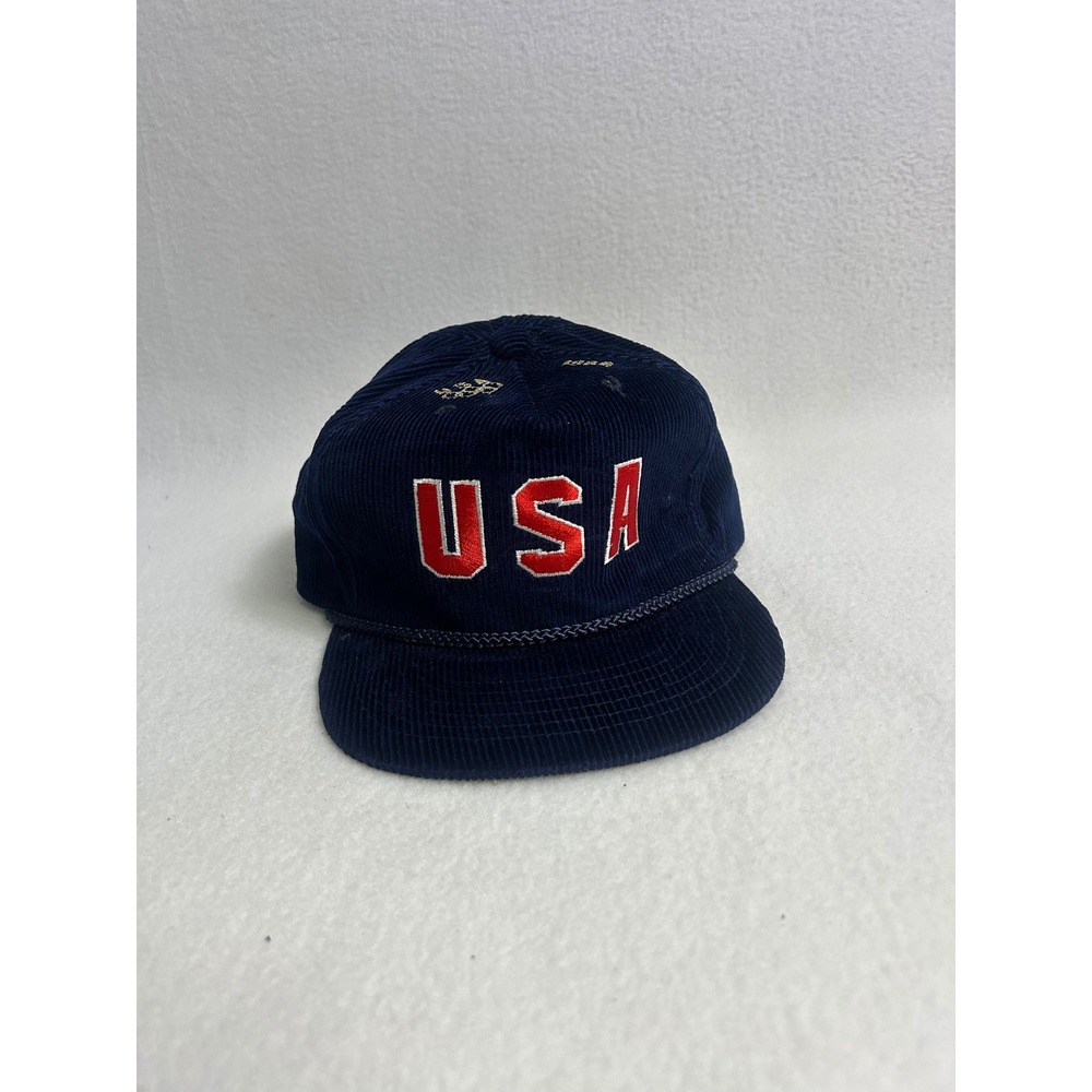 Vintage 80s USA Olympics Drew Pearson Mens OSFA Navy Blue Corduroy Rope Hat 1988